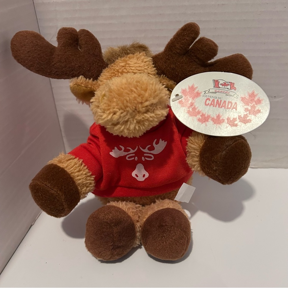 Canadian Moose Stuffed Animal in red shirt 9" long